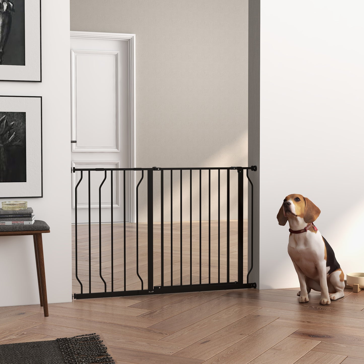 PawHut Barrera de Seguridad de Perros Extensible para Escaleras y Puertas 75-115 cm con Extensiones Montaje a Presión Acero Altura 76 cm Negro