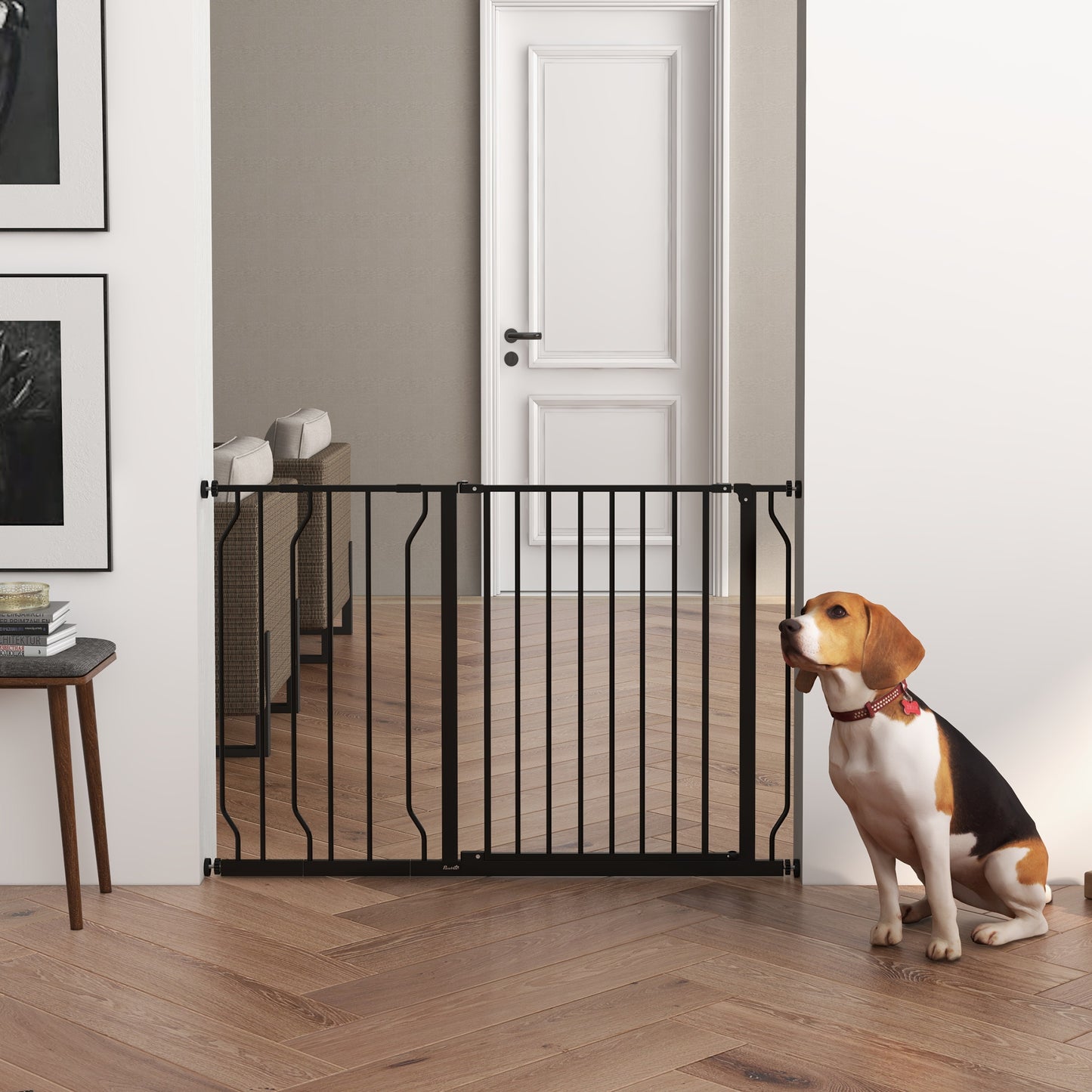 PawHut Barrera de Seguridad de Perros Extensible para Escaleras y Puertas 75-115 cm con Extensiones Montaje a Presión Acero Altura 76 cm Negro