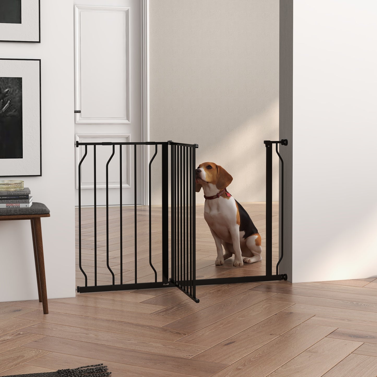 PawHut Barrera de Seguridad de Perros Extensible para Escaleras y Puertas 75-115 cm con Extensiones Montaje a Presión Acero Altura 76 cm Negro