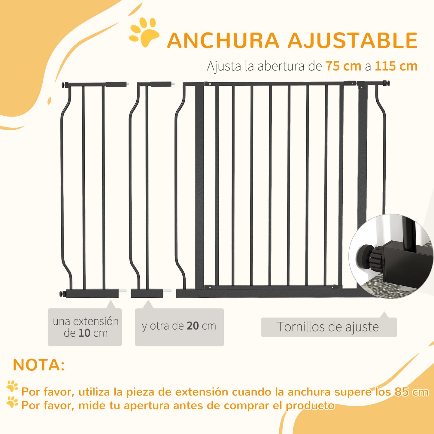 PawHut Barrera de Seguridad de Perros Extensible para Escaleras y Puertas 75-115 cm con Extensiones Montaje a Presión Acero Altura 76 cm Negro