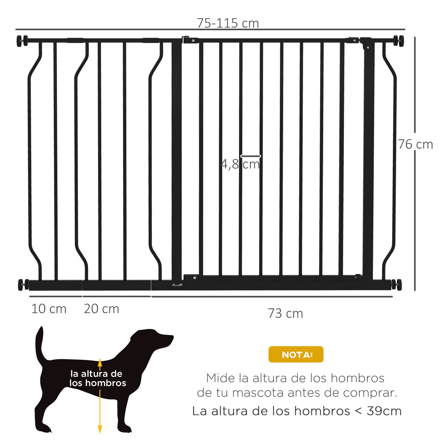 PawHut Barrera de Seguridad de Perros Extensible para Escaleras y Puertas 75-115 cm con Extensiones Montaje a Presión Acero Altura 76 cm Negro