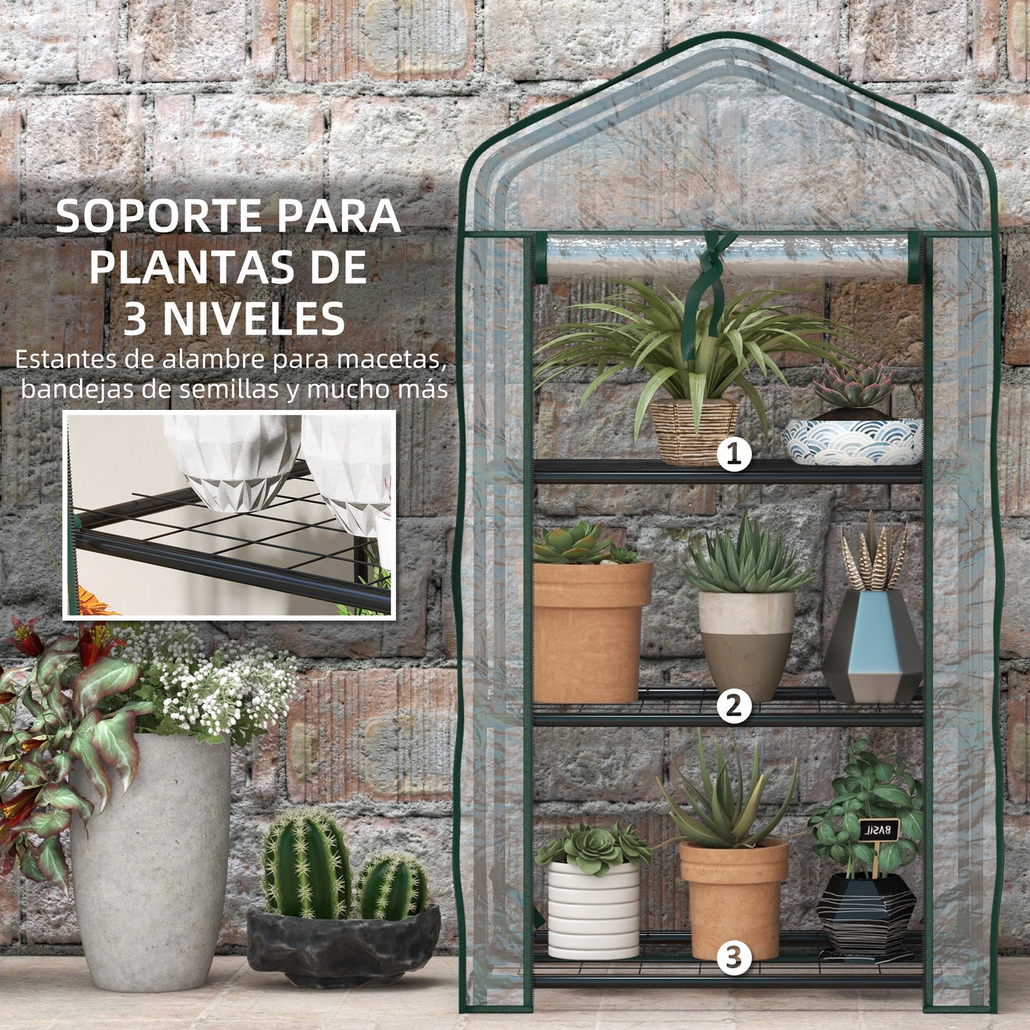 Outsunny Invernadero de Jardín de 3 Niveles Invernadero de Terraza con 3 Estantes 1 Puerta con Cremallera para Cultivo de Plantas Flores Verduras 59x39x127 cm Transparente