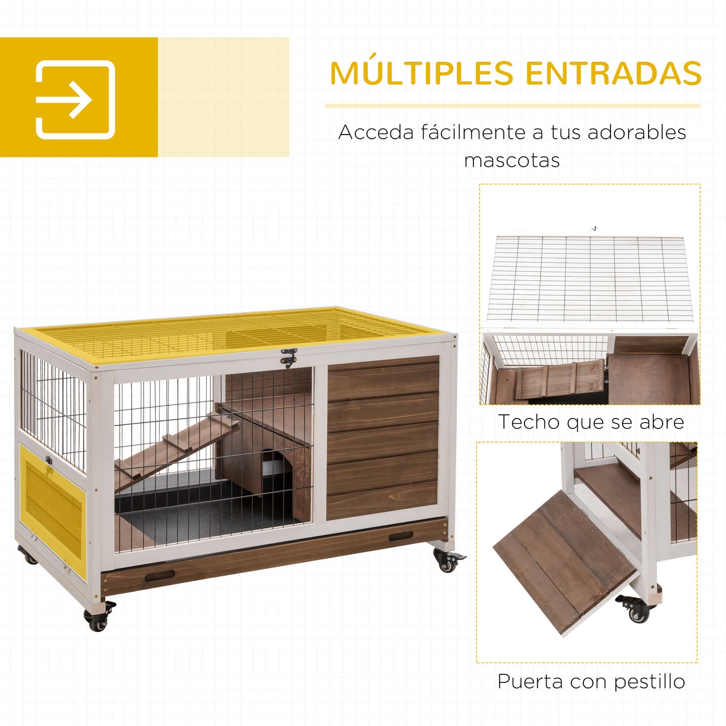 PawHut Jaula para Conejos de Madera Conejera para Mascotas Pequeñas Portátil Interior con Techo Abrible Rampa Bandeja Extraíble para Conejillos de Indias 90x53x59 cm Marrón