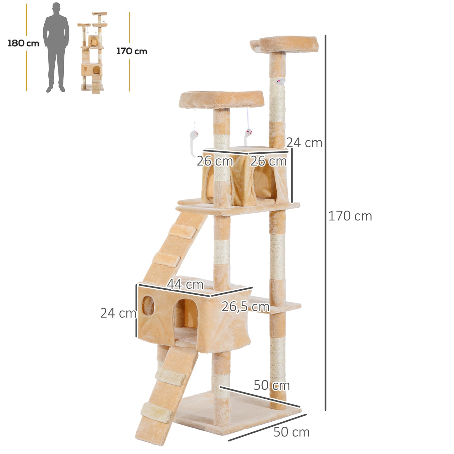 PawHut Árbol Rascador para Gatos Grande 49x49x173 cm con Múltiples Niveles con Cuevas Escaleras Juguetes Colgantes Camas Centro Actividades Sisal Beige