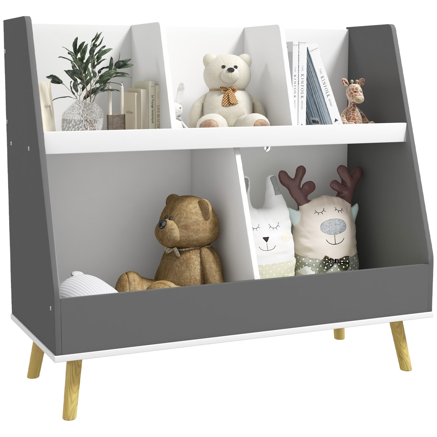 HOMCOM Estantería para Juguetes para Niños Organizador Infantil de 2 Niveles con 5 Compartimentos y Patas de Madera de Pino para Guardería Sala de Juegos 80x34x72,5 cm Gris y Blanco