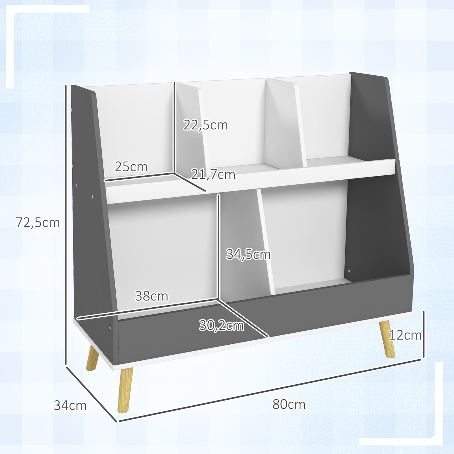 HOMCOM Estantería para Juguetes para Niños Organizador Infantil de 2 Niveles con 5 Compartimentos y Patas de Madera de Pino para Guardería Sala de Juegos 80x34x72,5 cm Gris y Blanco