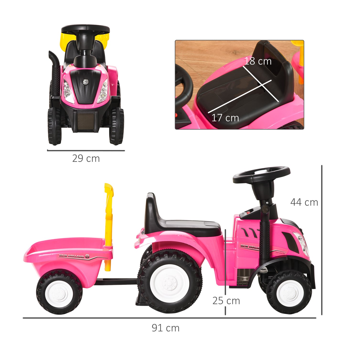 HOMCOM Tractor sin Pedales para Niños de 12-36 Meses con Remolque Extraíble Coche Correpasillos con Bocina Faros Pala Asiento de Suelo 25 cm y Rastrillo Carga 25 kg 91x29x44 cm Rosa