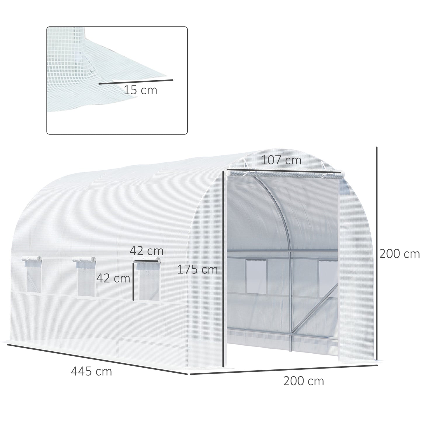 Outsunny Invernadero de Túnel 445x200x200 cm Invernadero de Jardín con Puerta Enrollable y Ventanas Múltiples Cubierta PE 140 g/m² Anti-UV Marco de Metal para Cultivo Plantas Verduras Blanco