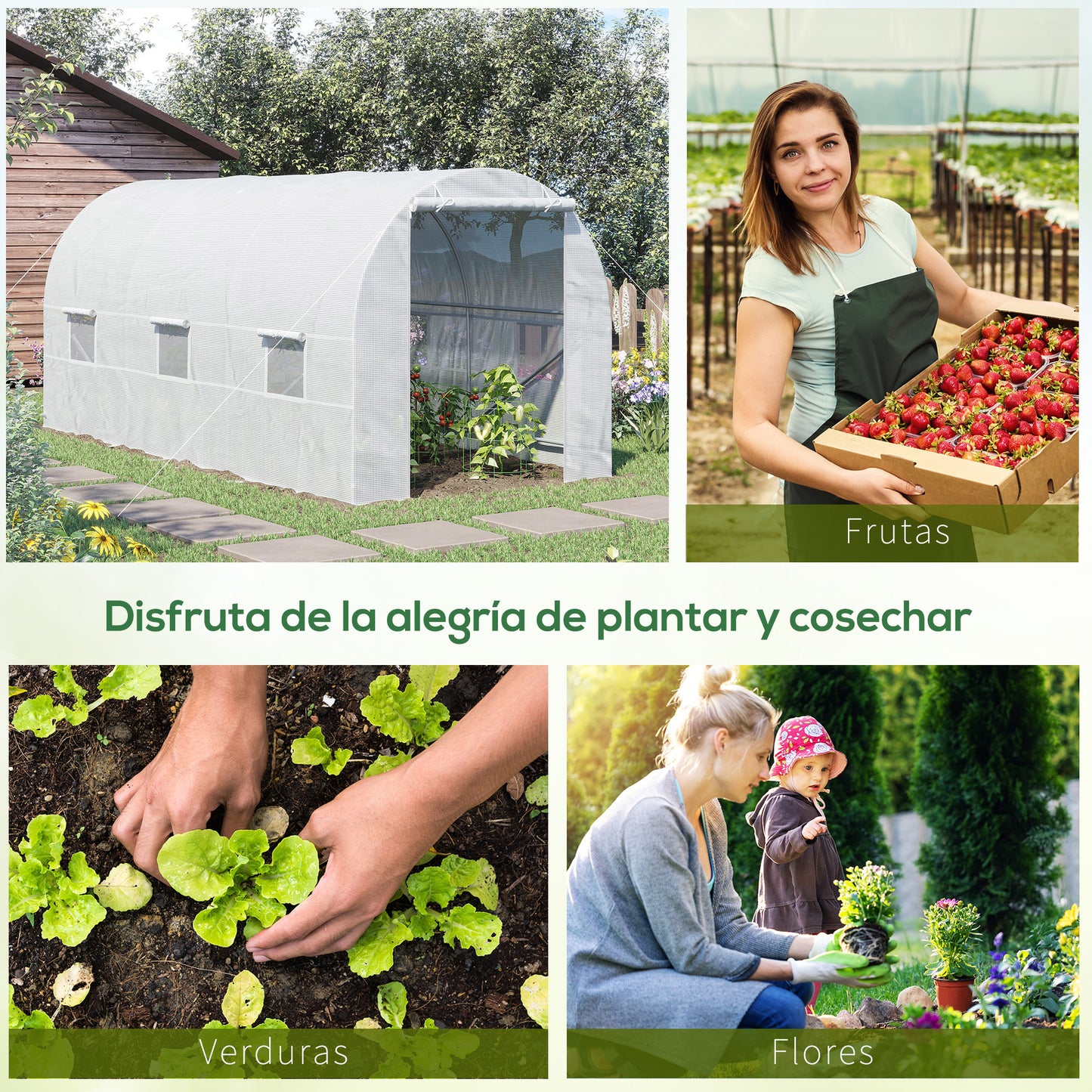 Outsunny Invernadero de Túnel 445x200x200 cm Invernadero de Jardín con Puerta Enrollable y Ventanas Múltiples Cubierta PE 140 g/m² Anti-UV Marco de Metal para Cultivo Plantas Verduras Blanco