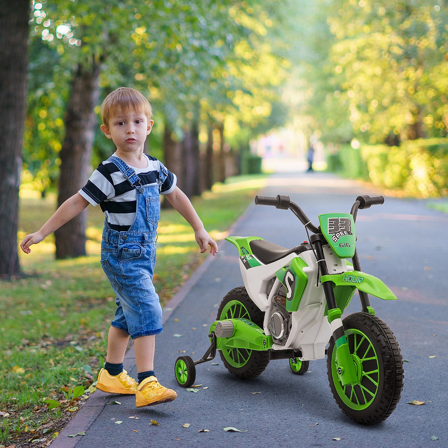 HOMCOM Moto Eléctrica para Niños de +3 Años 12V Moto de Juguete Infantil con 2 Ruedas de Equilibrio Velocidad Máx. 8 km/h Arranque Suave 106,5x51,5x68 cm Verde