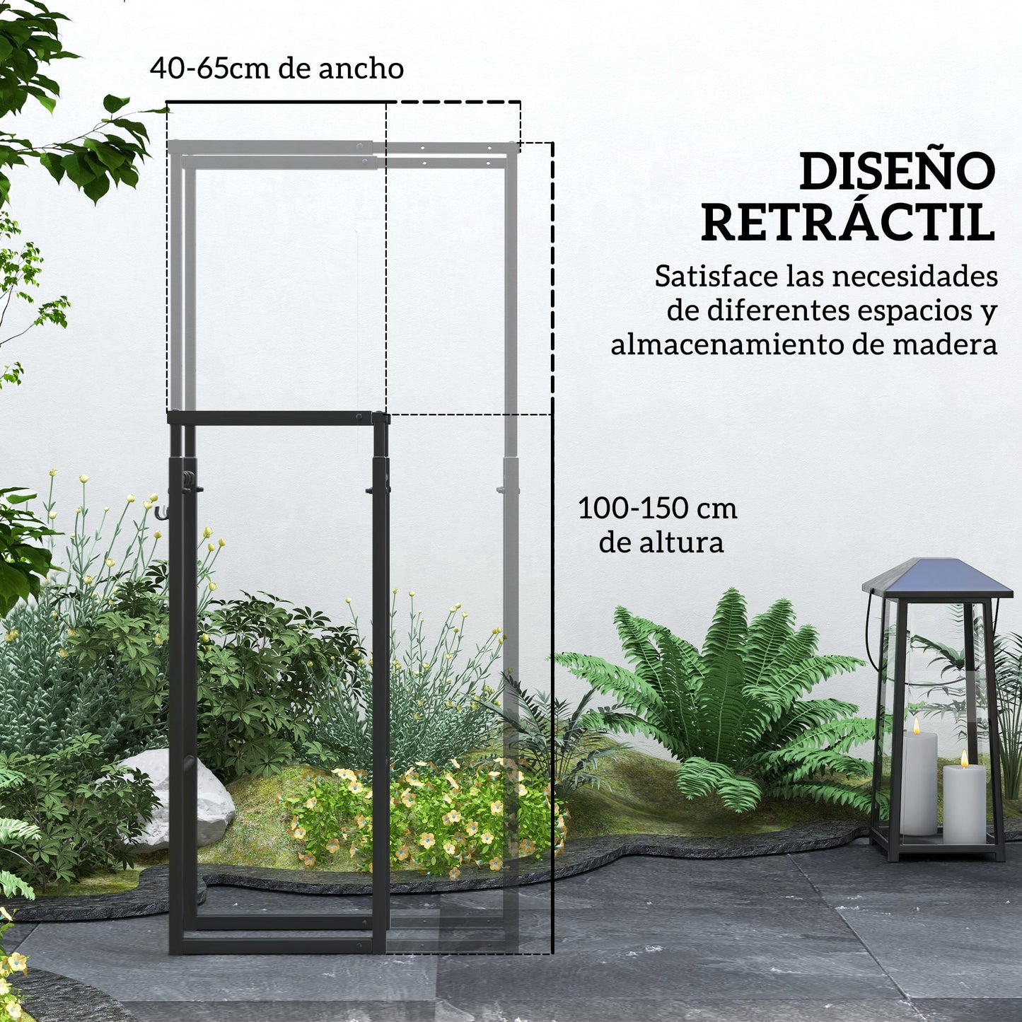 Outsunny Soporte para Leña Extensible Estante de Leña Metálico Leñero con 4 Ganchos Carga 100 kg para Interior y Exterior 40-65x25x100-150 cm Negro