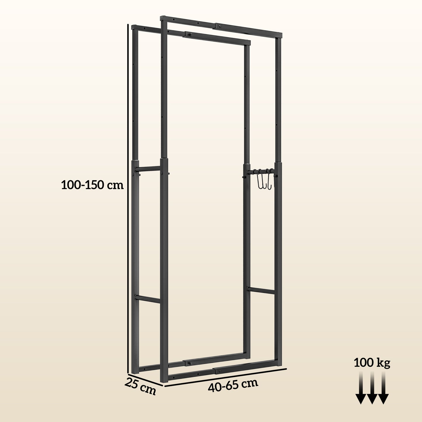 Outsunny Soporte para Leña Extensible Estante de Leña Metálico Leñero con 4 Ganchos Carga 100 kg para Interior y Exterior 40-65x25x100-150 cm Negro