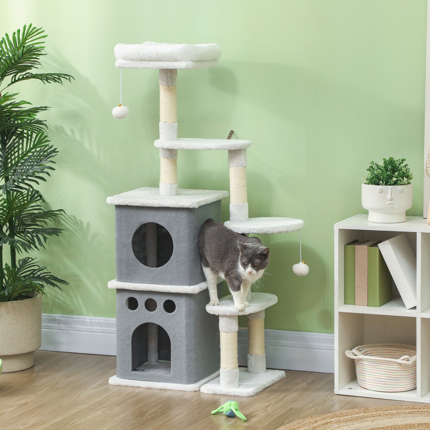 PawHut Árbol Rascador para Gatos 126 cm Torre para Gatos Rascador para Gatos con Nidos Plataformas Bolas Colgantes y Postes de Sisal Crema