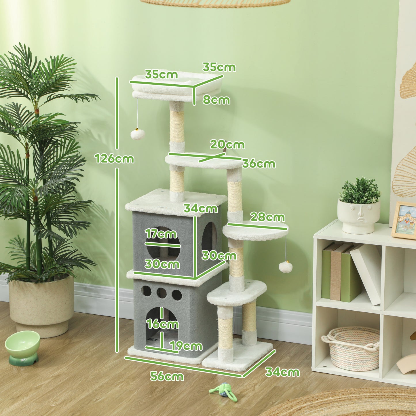 PawHut Árbol Rascador para Gatos 126 cm Torre para Gatos Rascador para Gatos con Nidos Plataformas Bolas Colgantes y Postes de Sisal Crema