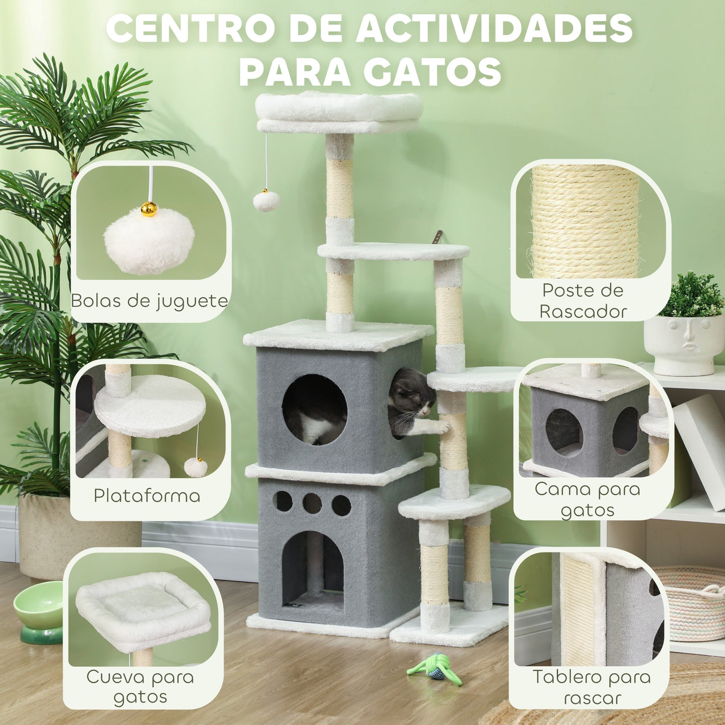 PawHut Árbol Rascador para Gatos 126 cm Torre para Gatos Rascador para Gatos con Nidos Plataformas Bolas Colgantes y Postes de Sisal Crema