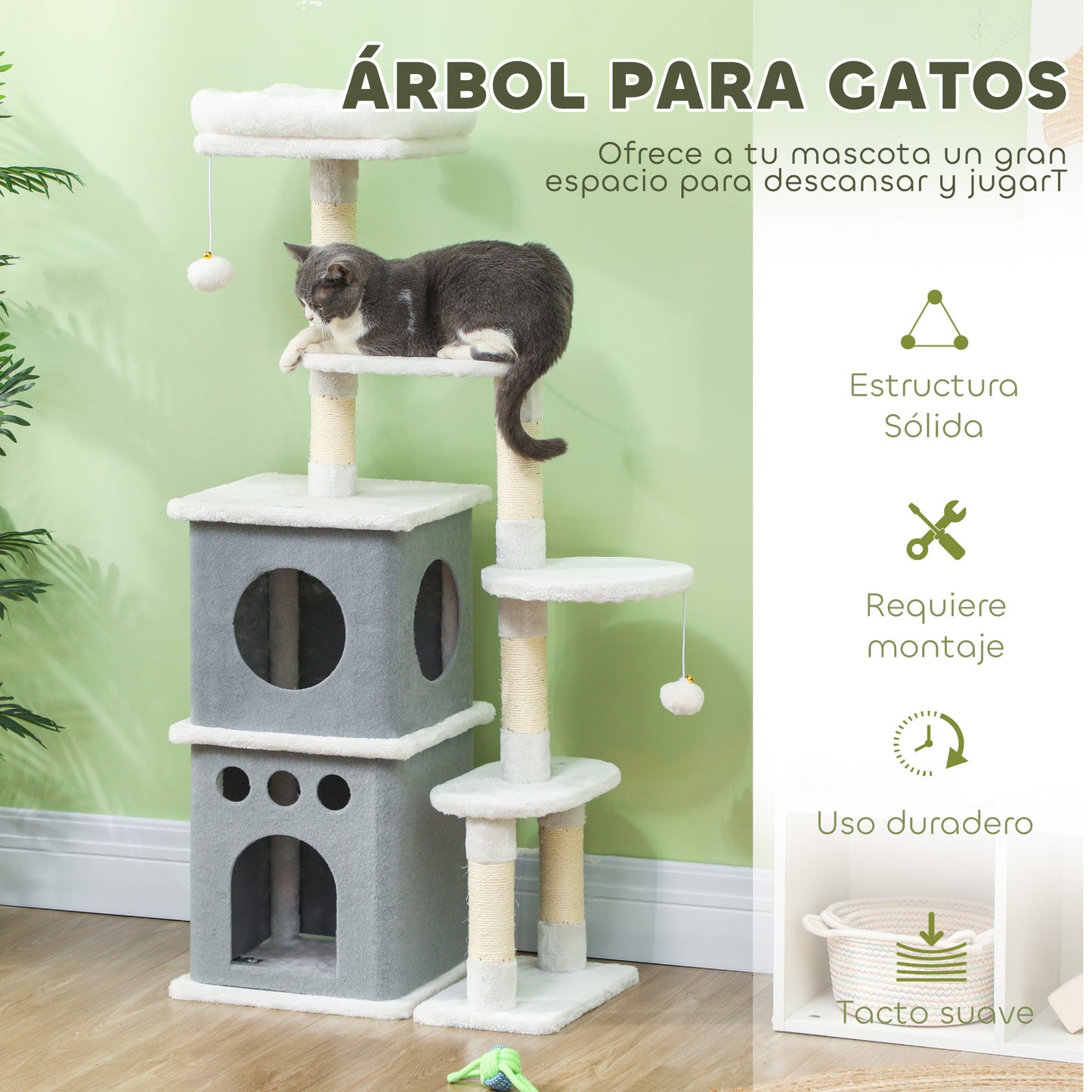 PawHut Árbol Rascador para Gatos 126 cm Torre para Gatos Rascador para Gatos con Nidos Plataformas Bolas Colgantes y Postes de Sisal Crema