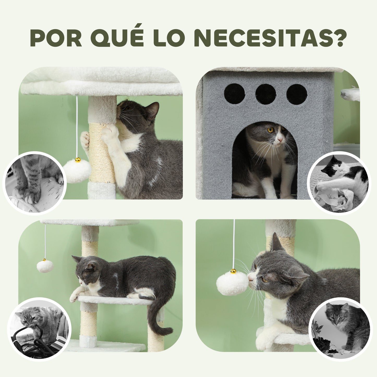 PawHut Árbol Rascador para Gatos 126 cm Torre para Gatos Rascador para Gatos con Nidos Plataformas Bolas Colgantes y Postes de Sisal Crema