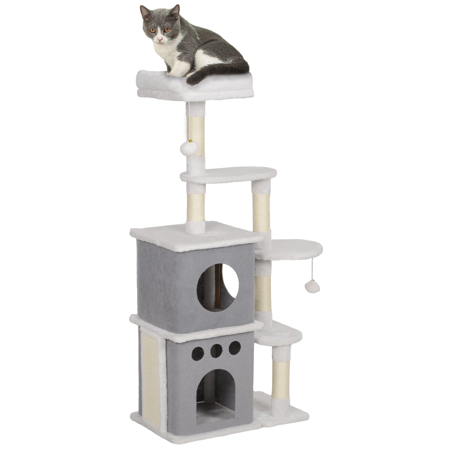 PawHut Árbol Rascador para Gatos 126 cm Torre para Gatos Rascador para Gatos con Nidos Plataformas Bolas Colgantes y Postes de Sisal Crema