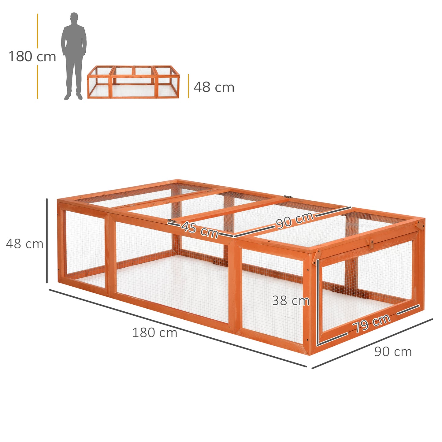 PawHut Conejera Exterior de Madera 180x90x48 cm Jaulas para Conejos Grande Casa para Animales Pequeños con 3 Puertas y Alambre de Metal Natural