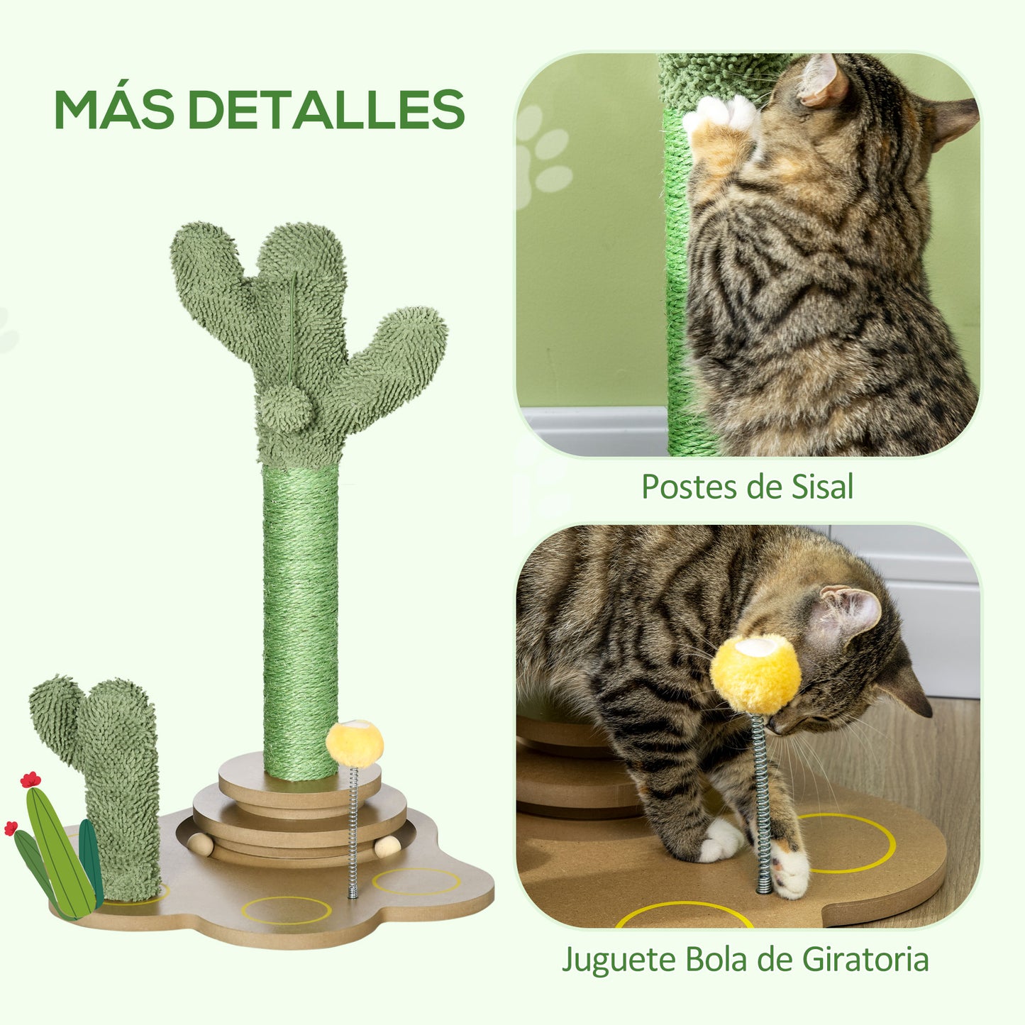 PawHut Árbol Rascador para Gatos Pequeños con Postes de Cactus Altura 60 cm Torre para Gatos de Chenilla con Juguetes de Pelotas 46x43x60 cm Verde