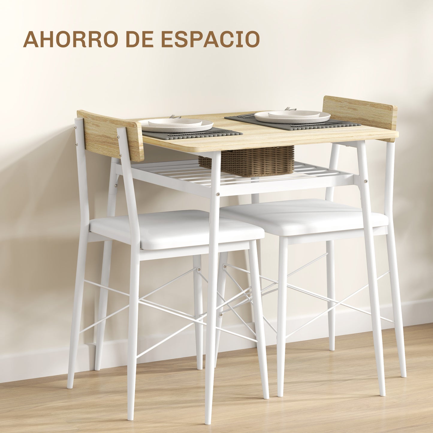 HOMCOM Conjunto de Mesa y Sillas de Comedor de 3 Piezas Mesa de Cocina con 2 Sillas sin Brazos Mesa Rectangular con Estante Abierto Estructura de Acero Blanco y Roble