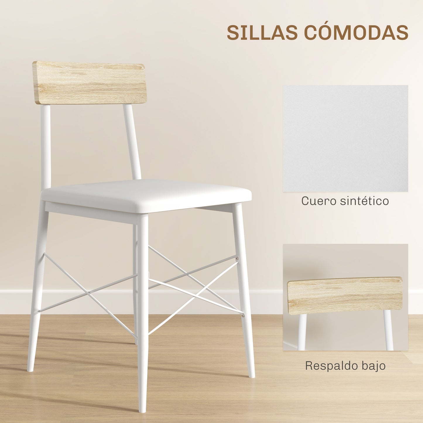 HOMCOM Conjunto de Mesa y Sillas de Comedor de 3 Piezas Mesa de Cocina con 2 Sillas sin Brazos Mesa Rectangular con Estante Abierto Estructura de Acero Blanco y Roble