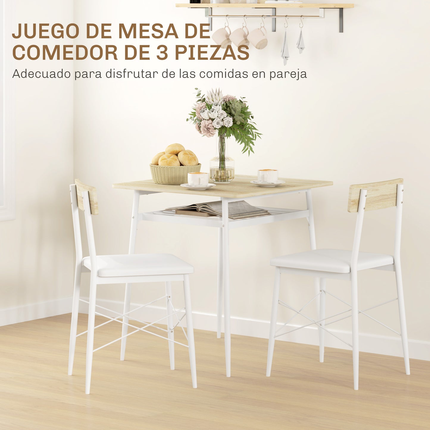 HOMCOM Conjunto de Mesa y Sillas de Comedor de 3 Piezas Mesa de Cocina con 2 Sillas sin Brazos Mesa Rectangular con Estante Abierto Estructura de Acero Blanco y Roble