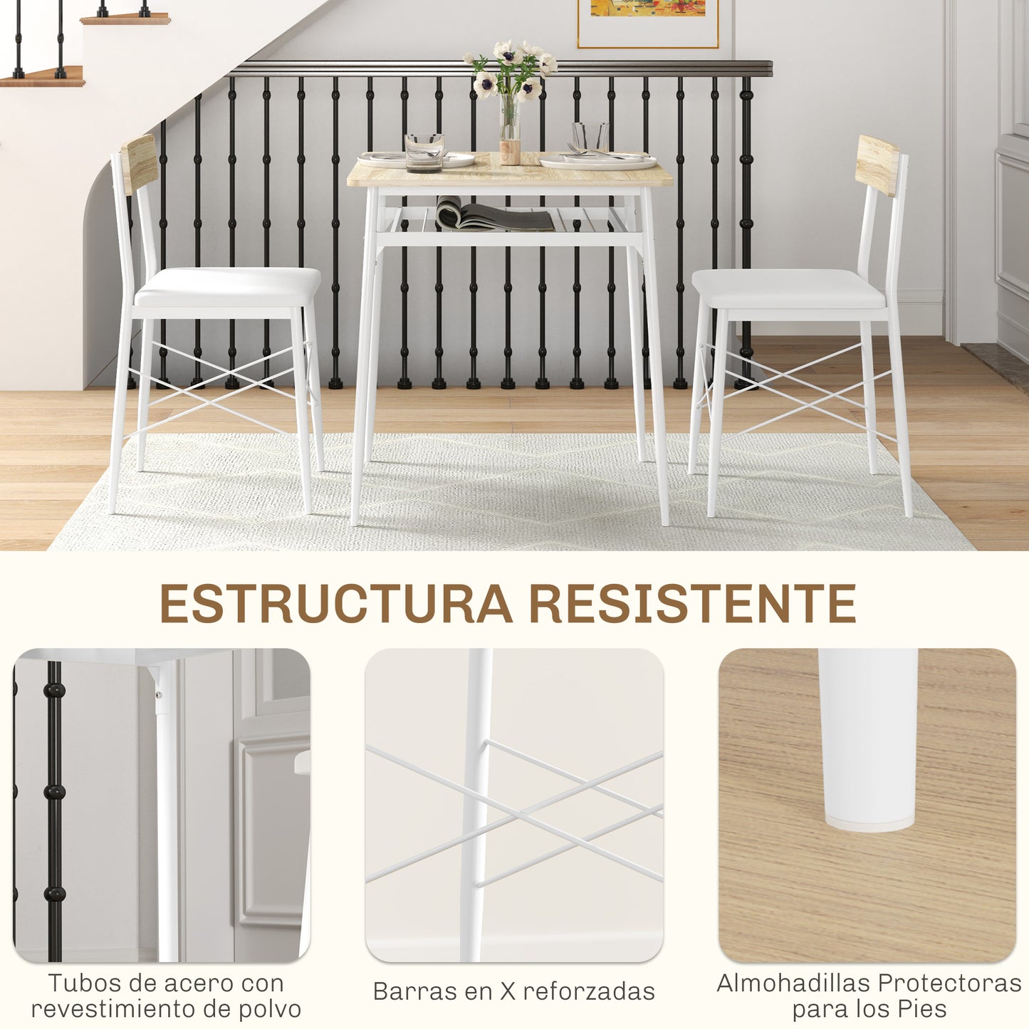 HOMCOM Conjunto de Mesa y Sillas de Comedor de 3 Piezas Mesa de Cocina con 2 Sillas sin Brazos Mesa Rectangular con Estante Abierto Estructura de Acero Blanco y Roble