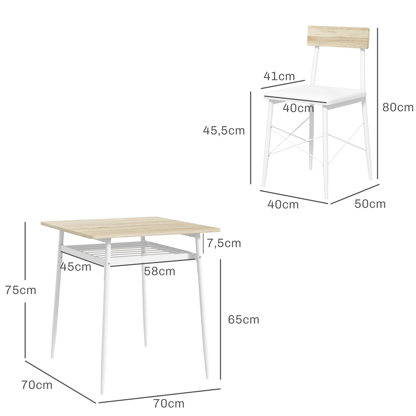 HOMCOM Conjunto de Mesa y Sillas de Comedor de 3 Piezas Mesa de Cocina con 2 Sillas sin Brazos Mesa Rectangular con Estante Abierto Estructura de Acero Blanco y Roble