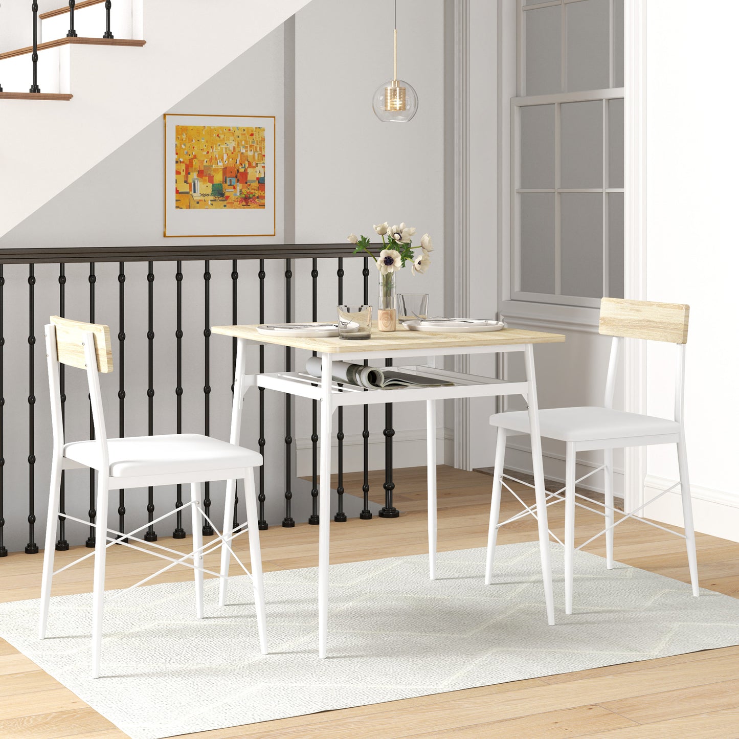 HOMCOM Conjunto de Mesa y Sillas de Comedor de 3 Piezas Mesa de Cocina con 2 Sillas sin Brazos Mesa Rectangular con Estante Abierto Estructura de Acero Blanco y Roble