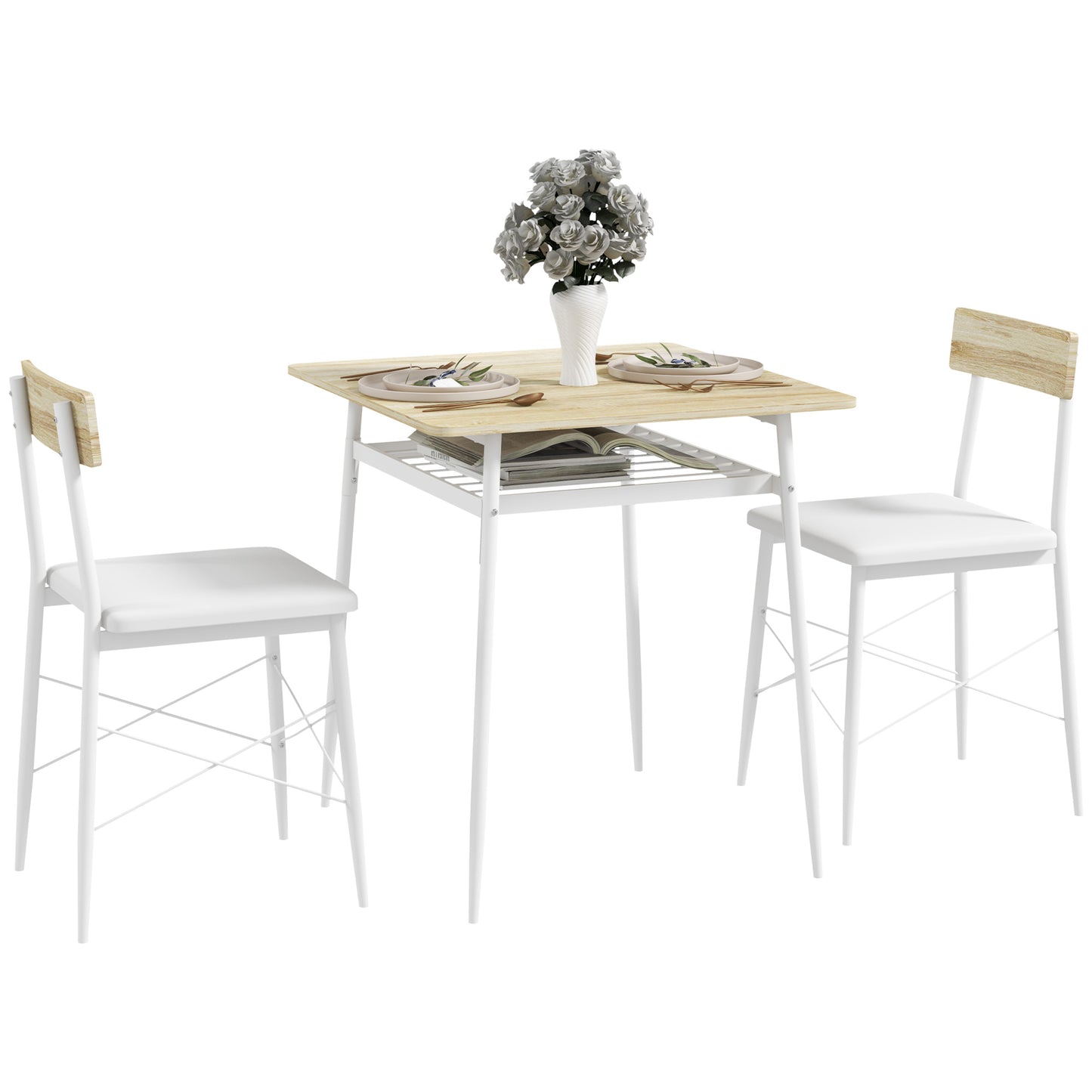 HOMCOM Conjunto de Mesa y Sillas de Comedor de 3 Piezas Mesa de Cocina con 2 Sillas sin Brazos Mesa Rectangular con Estante Abierto Estructura de Acero Blanco y Roble