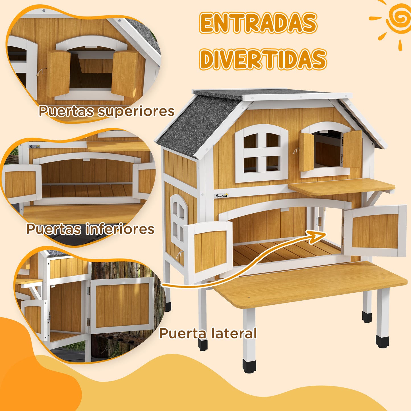 PawHut Casa para Gatos de Madera 78x82x93 cm Caseta para Gatos de 2 Niveles Refugio para Gatos con Techo Asfáltico Terraza y Plataforma de Salto Natural