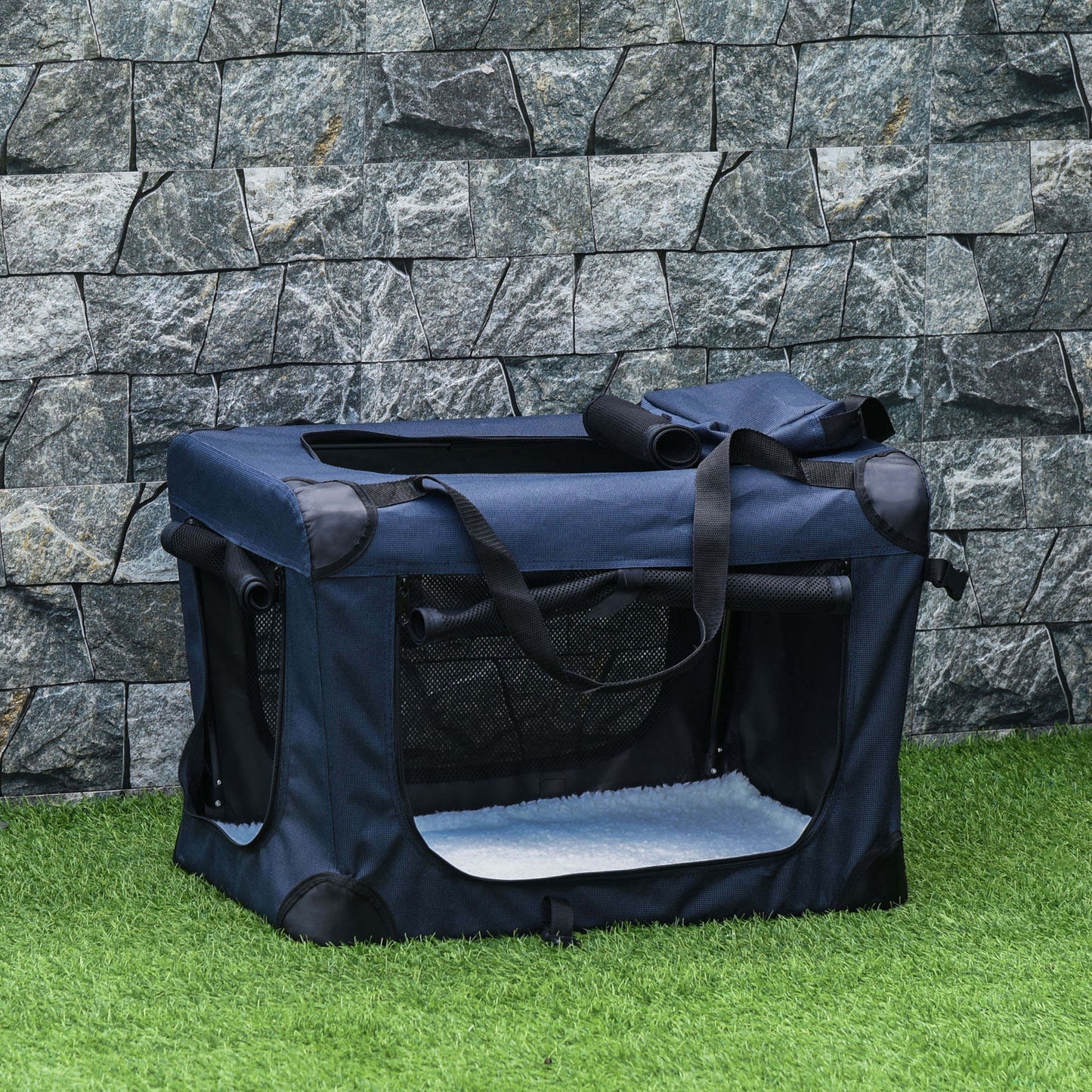 PawHut Transportín Perro Gato Bolsa de Transporte Portátil y Transpirable para Mascotas Plegable con Cojín 3 Puertas y Ventana de Malla 2 Bolsillos 60x41,5x41 cm Azul Oscuro