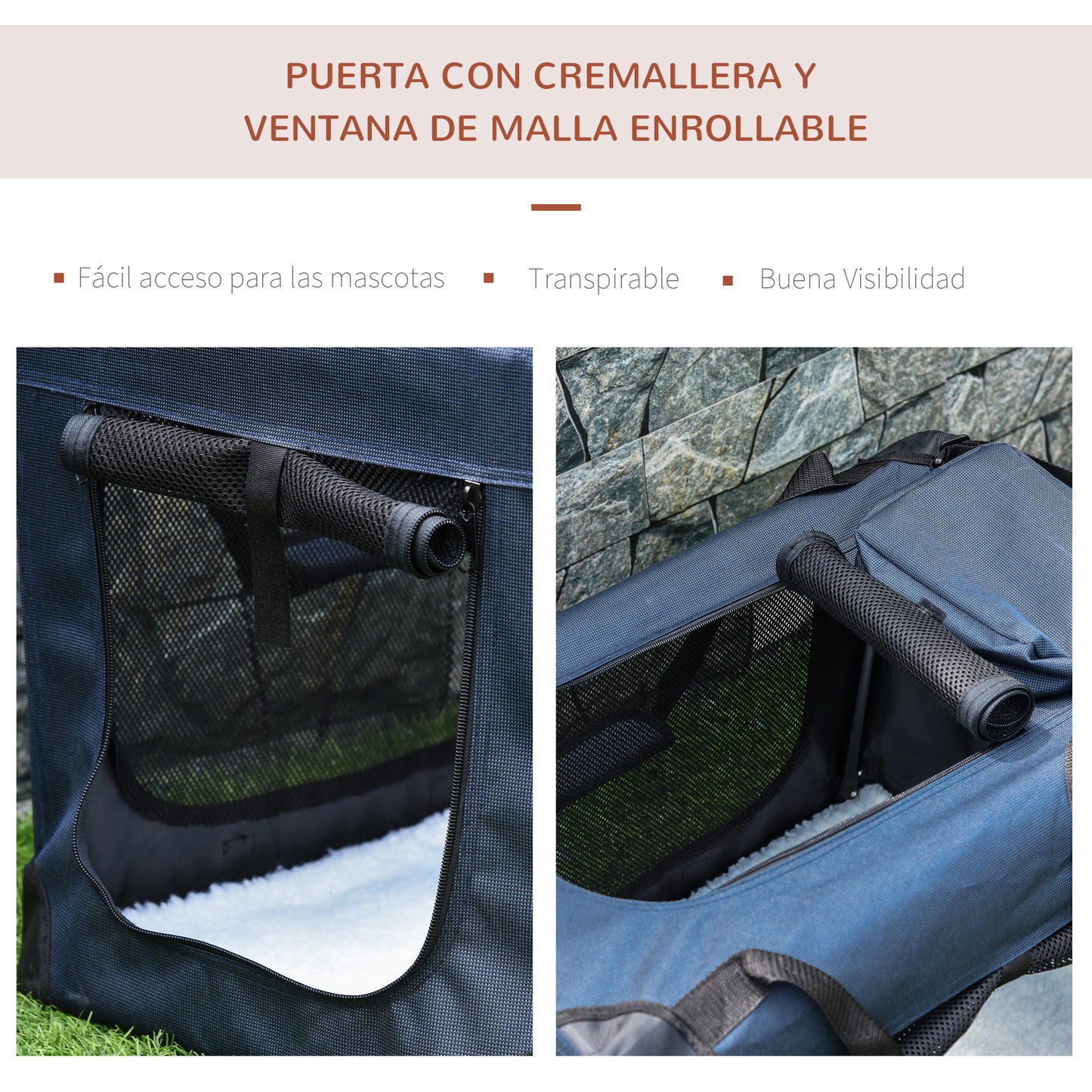 PawHut Transportín Perro Gato Bolsa de Transporte Portátil y Transpirable para Mascotas Plegable con Cojín 3 Puertas y Ventana de Malla 2 Bolsillos 60x41,5x41 cm Azul Oscuro