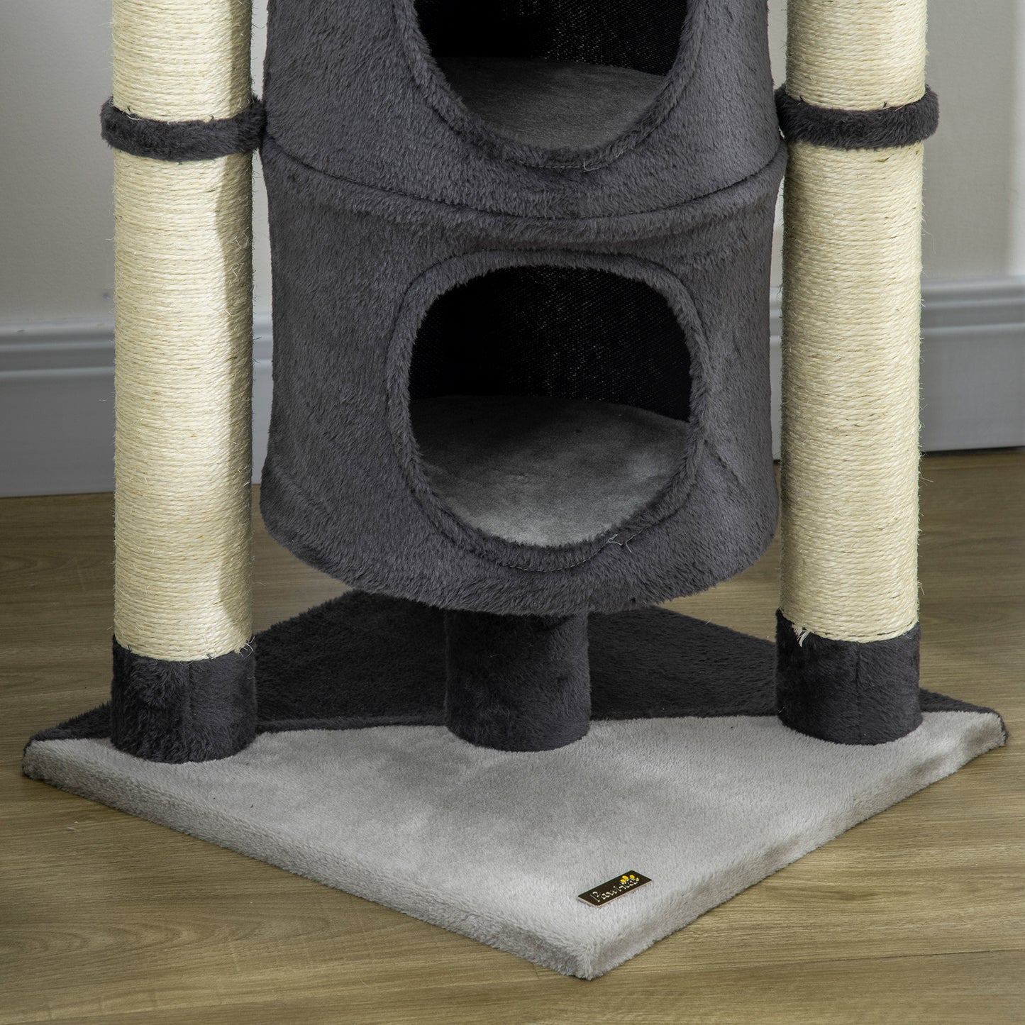 PawHut Árbol para Gatos Altura 114 cm Barril Rascador para Gatos de 2 Niveles con Plataforma Postes de Yute y Bola Colgante 39x39x114 cm Gris