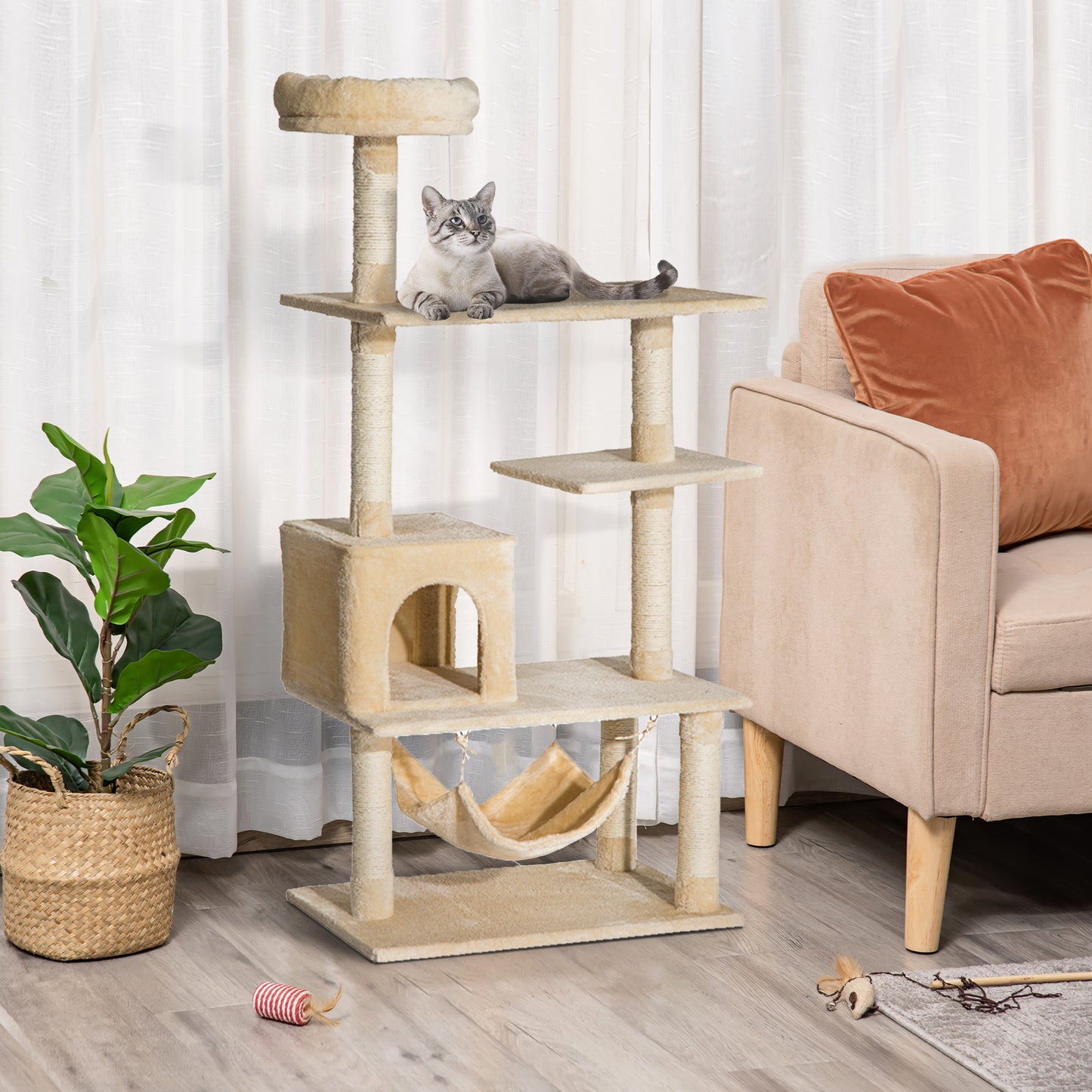 PawHut Árbol Rascador para Gatos Grande 70x40x152 cm Torre para Gatos con Múltiples Plataformas Juguete Colgante Cueva Espaciosa Hamaca Suave Postes para Gatos Dormir y Jugar Beige