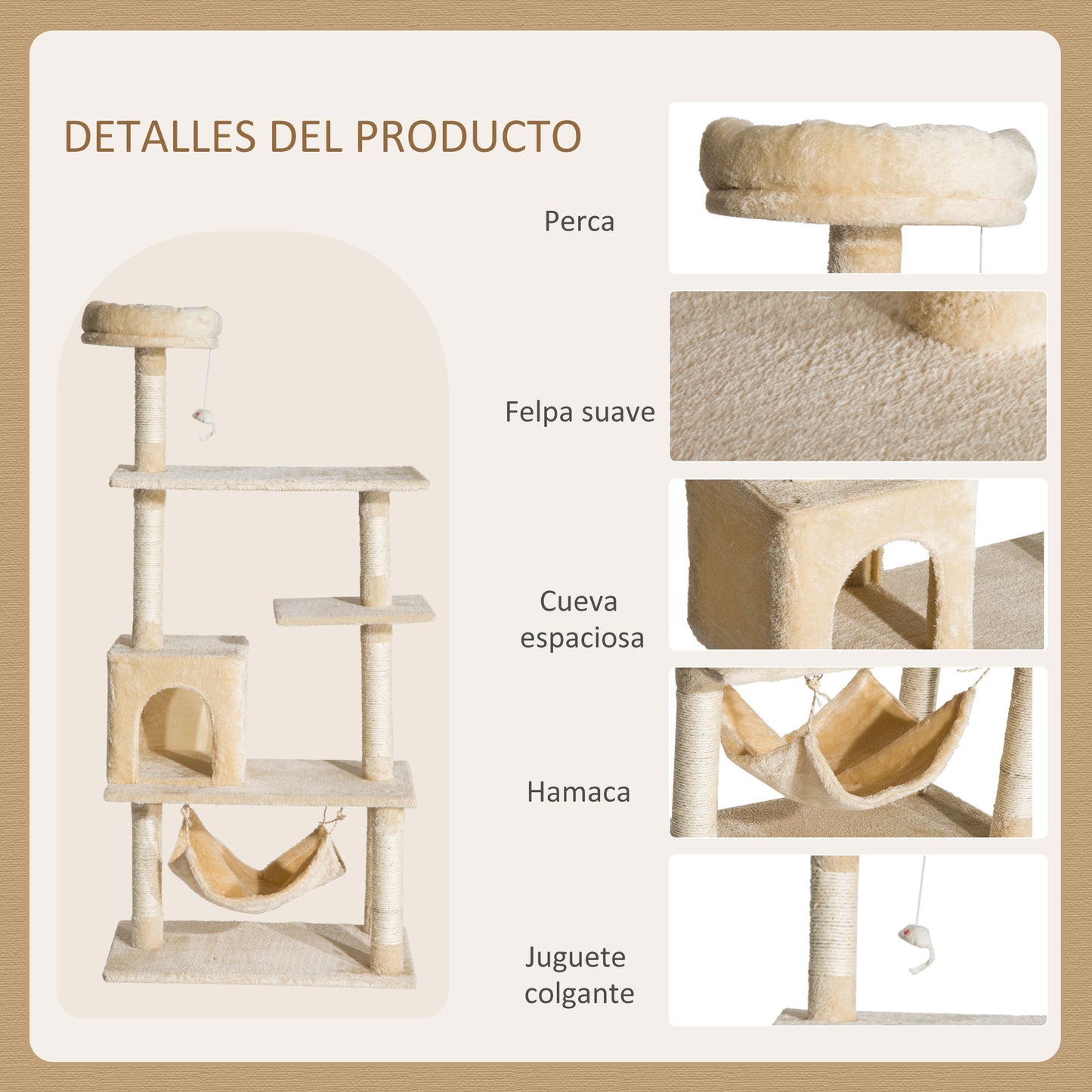 PawHut Árbol Rascador para Gatos Grande 70x40x152 cm Torre para Gatos con Múltiples Plataformas Juguete Colgante Cueva Espaciosa Hamaca Suave Postes para Gatos Dormir y Jugar Beige