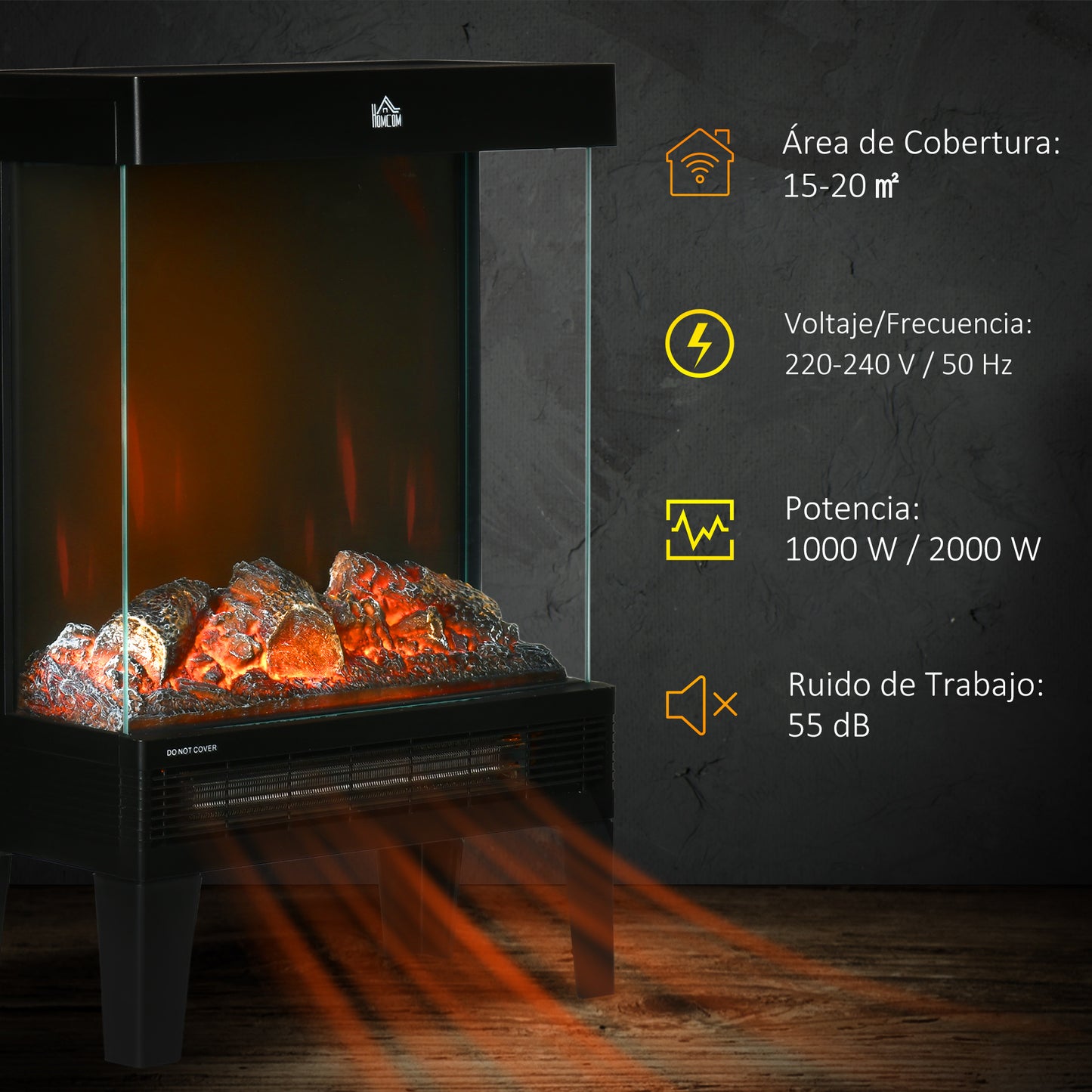 HOMCOM Chimenea Eléctrica de Pie 1000W/2000W Calentador de Chimenea con Llama LED Ajustable Termostato y Protección contra Sobrecalentamiento hasta 15-20 m² 40,5x20x62 cm Negro