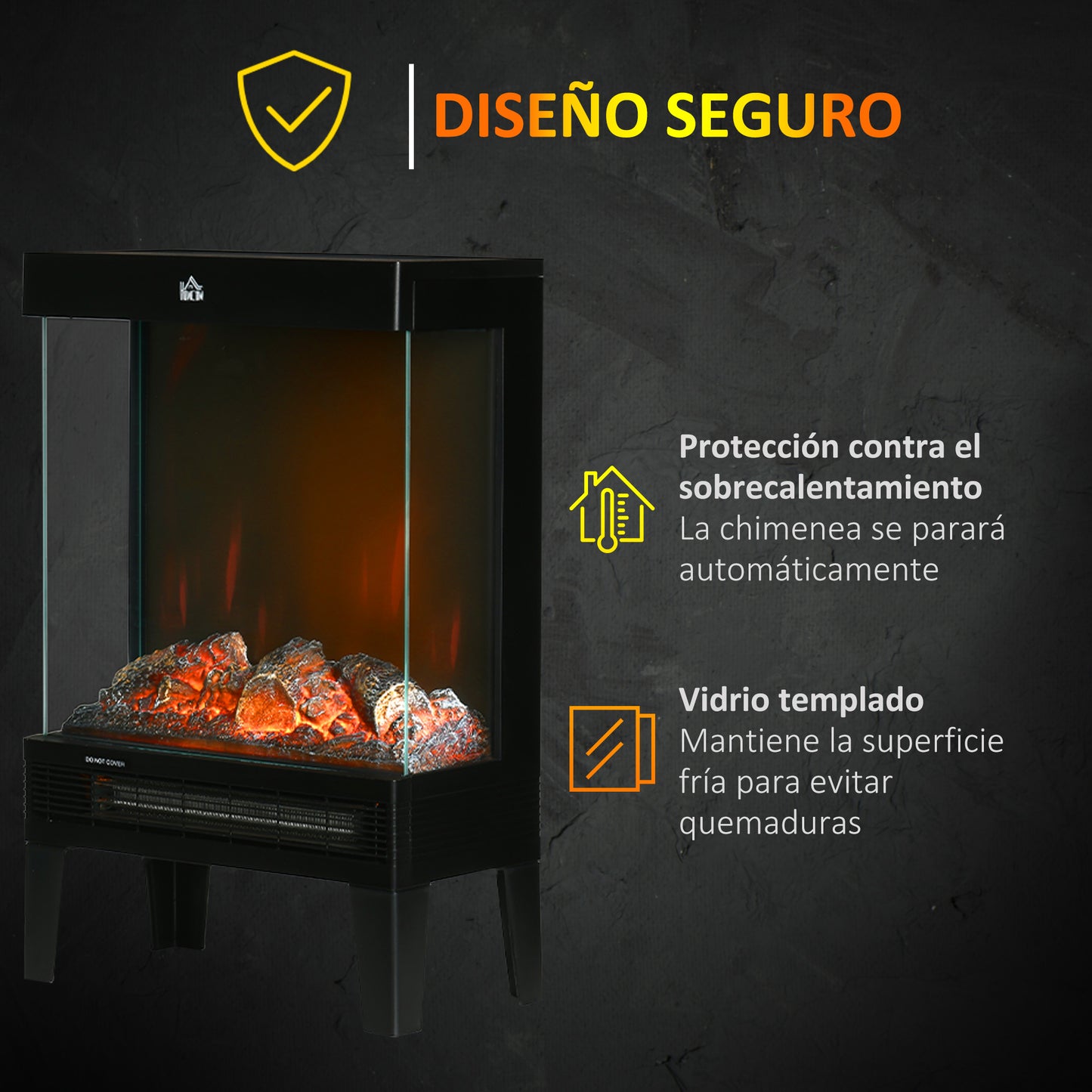 HOMCOM Chimenea Eléctrica de Pie 1000W/2000W Calentador de Chimenea con Llama LED Ajustable Termostato y Protección contra Sobrecalentamiento hasta 15-20 m² 40,5x20x62 cm Negro