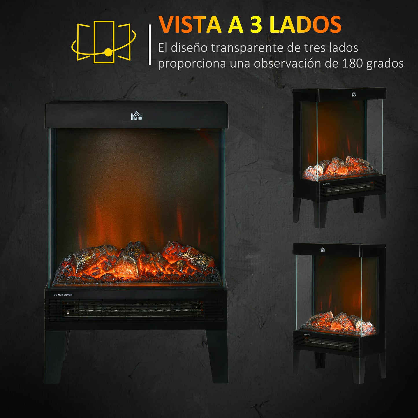 HOMCOM Chimenea Eléctrica de Pie 1000W/2000W Calentador de Chimenea con Llama LED Ajustable Termostato y Protección contra Sobrecalentamiento hasta 15-20 m² 40,5x20x62 cm Negro