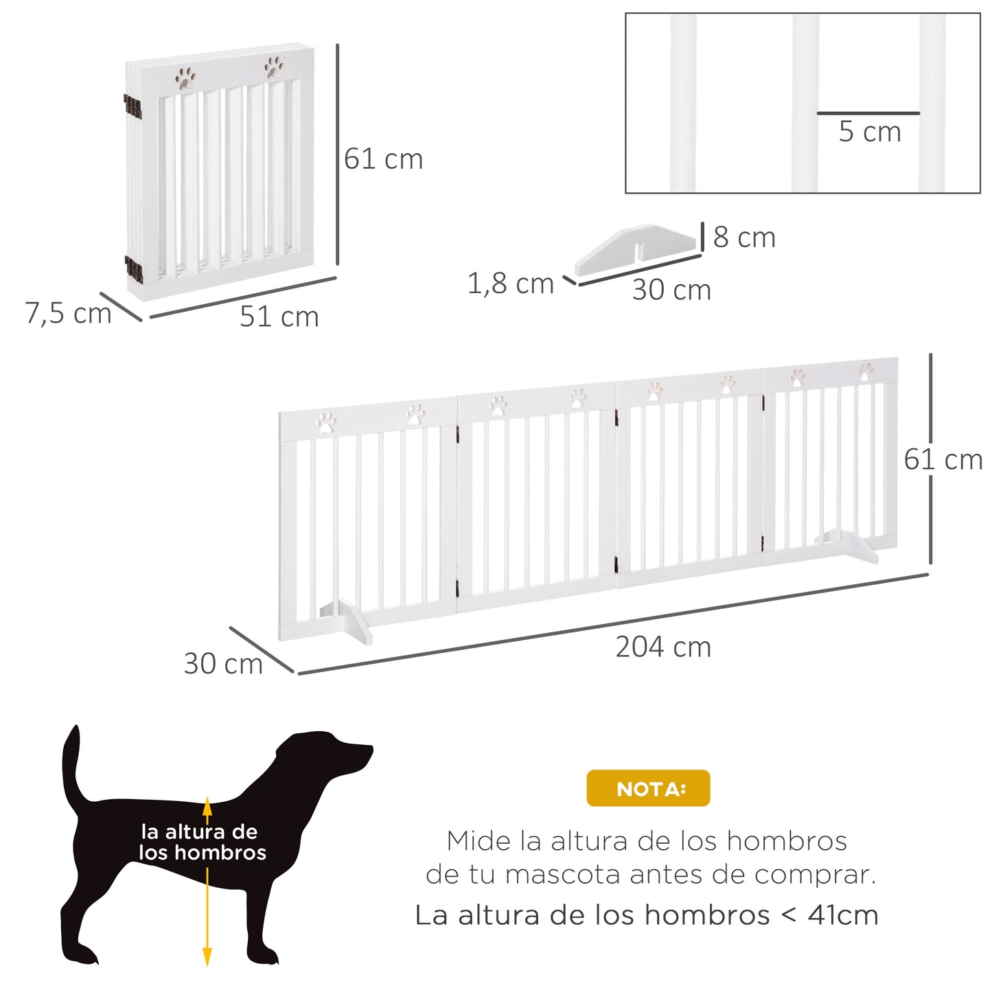 PawHut Barrera para Perros Plegable de 4 Paneles Barrera de Seguridad para Perros con Estructura de Madera y Patas de Apoyo para Pasillo Escalera 204x30x61 cm Blanco