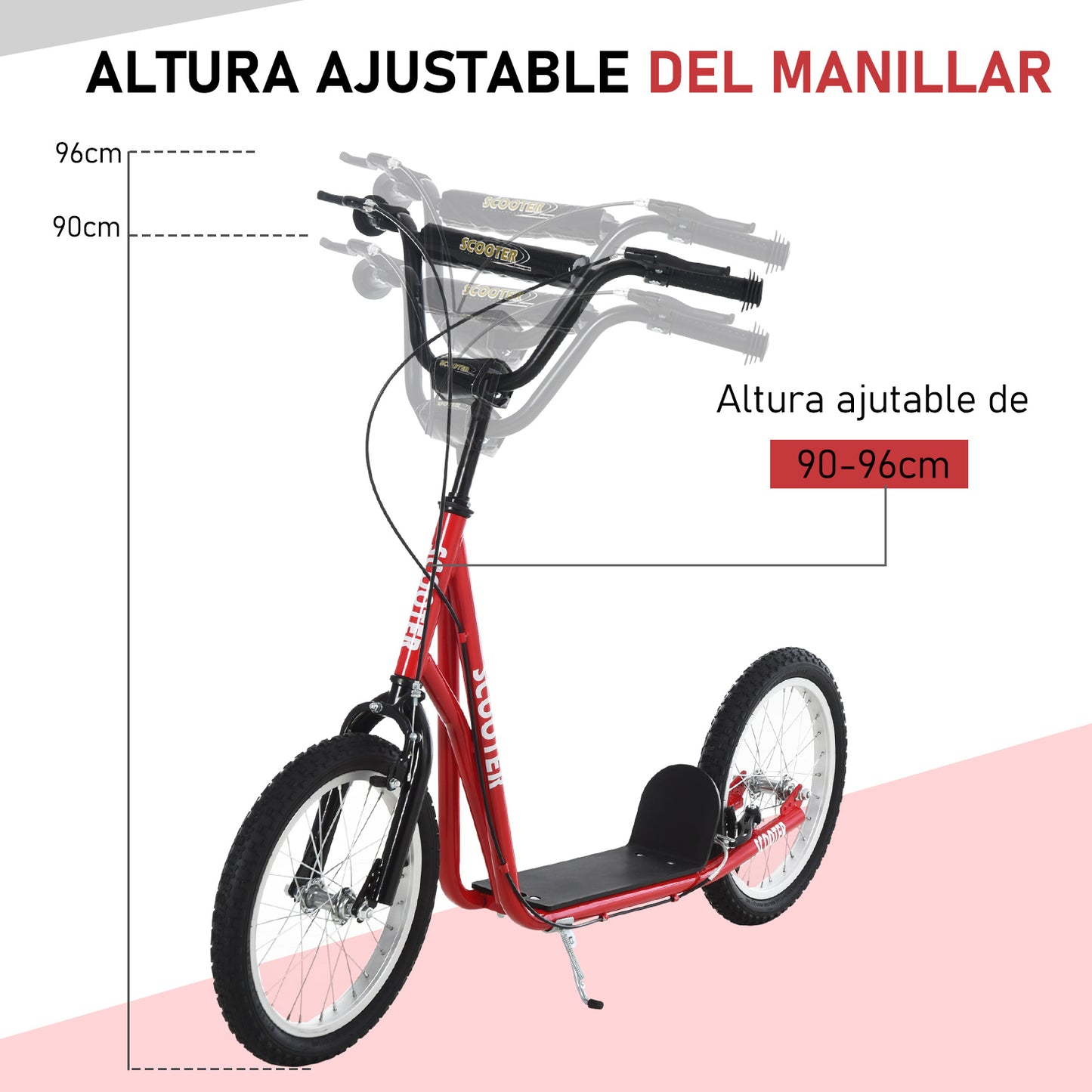 HOMCOM Scooter Patinete para Niños +5 Años y Adolescentes con Manillar Ajustable en Altura 2 Neumáticos de Caucho Inflable con Doble Freno y Ruedas 16" Carga 100 kg 139x58x90-96 cm Rojo