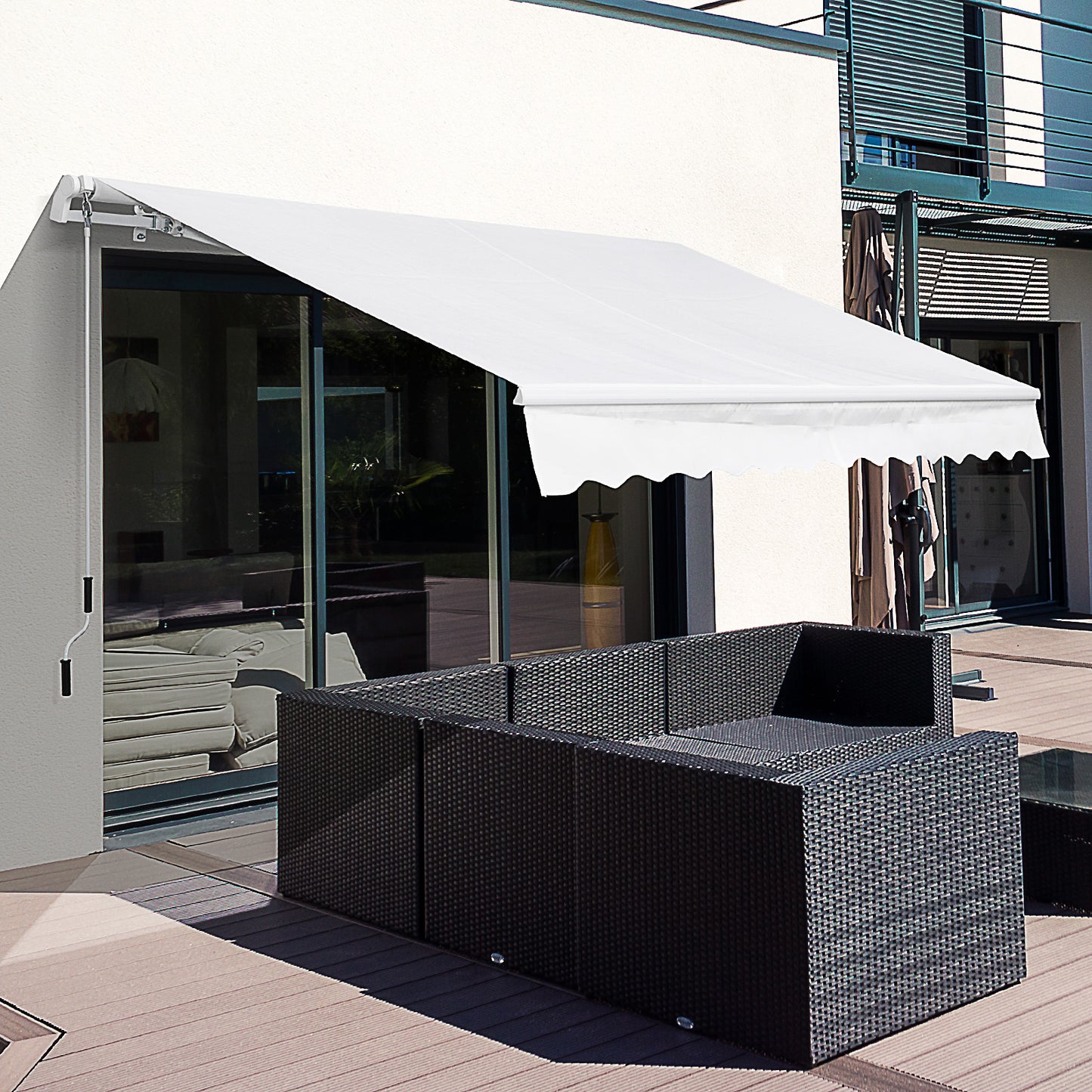 Outsunny Toldo Manual Retráctil 350x250 cm Toldo para Balcón con Manivela de Metal Impermeable y Anti-UV Toldo Enrollable de Exterior para Jardín Terraza Ventanas Blanco