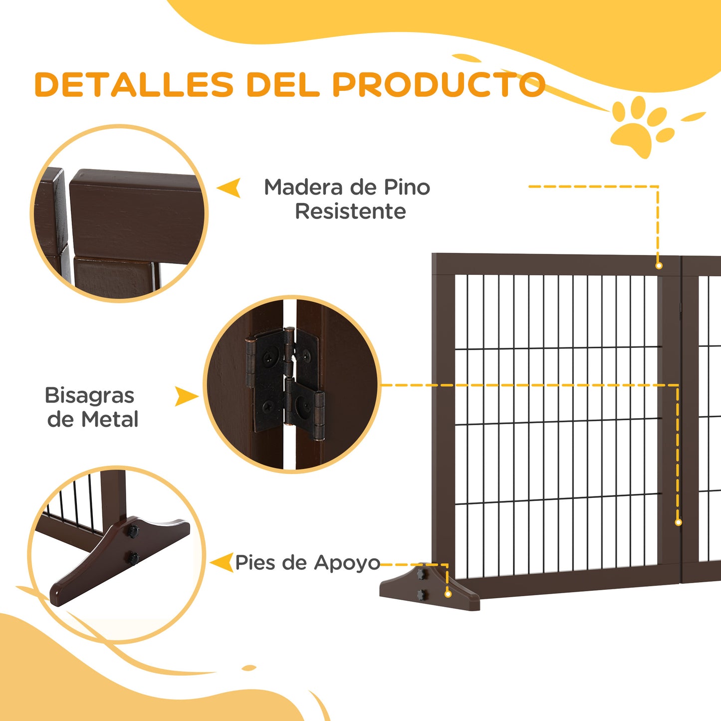 PawHut Barrera para Perros de 3 Paneles Barrera de Seguridad para Perros con Estructura de Madera y Patas de Apoyo para Pasillo Escalera 185x36x71 cm Marrón