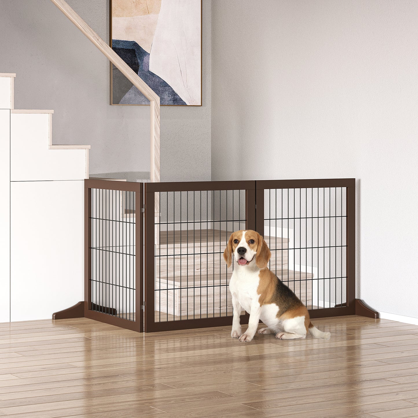 PawHut Barrera para Perros de 3 Paneles Barrera de Seguridad para Perros con Estructura de Madera y Patas de Apoyo para Pasillo Escalera 185x36x71 cm Marrón