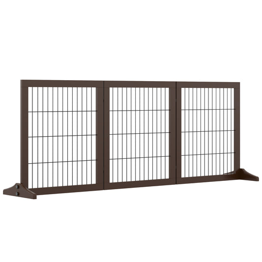 PawHut Barrera para Perros de 3 Paneles Barrera de Seguridad para Perros con Estructura de Madera y Patas de Apoyo para Pasillo Escalera 185x36x71 cm Marrón