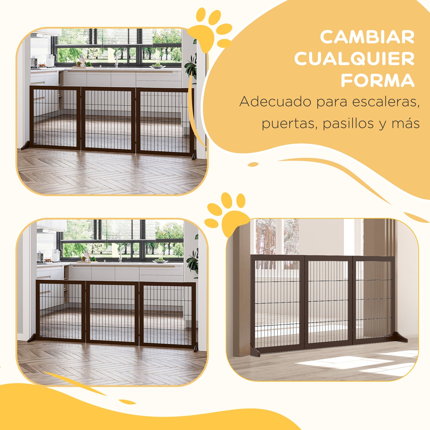 PawHut Barrera para Perros de 3 Paneles Barrera de Seguridad para Perros con Estructura de Madera y Patas de Apoyo para Pasillo Escalera 185x36x71 cm Marrón