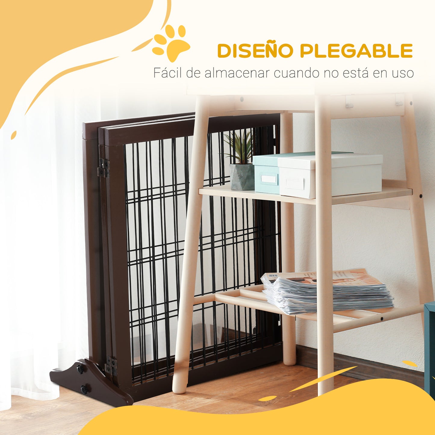 PawHut Barrera para Perros de 3 Paneles Barrera de Seguridad para Perros con Estructura de Madera y Patas de Apoyo para Pasillo Escalera 185x36x71 cm Marrón