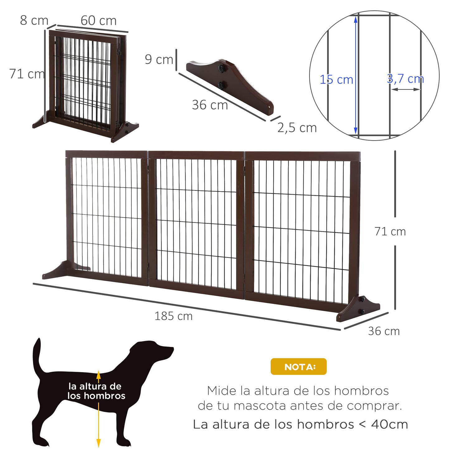 PawHut Barrera para Perros de 3 Paneles Barrera de Seguridad para Perros con Estructura de Madera y Patas de Apoyo para Pasillo Escalera 185x36x71 cm Marrón