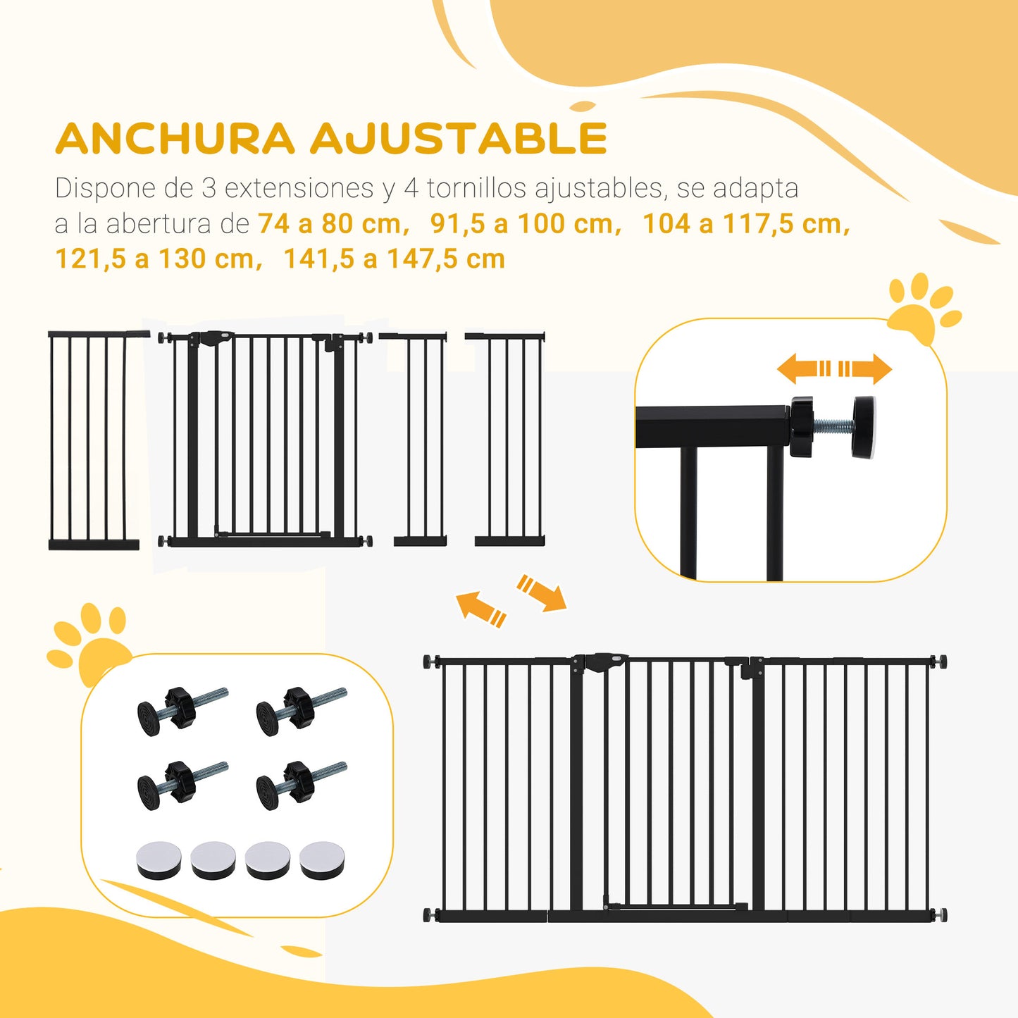 PawHut Barrera de Seguridad Extensible para Puertas y Escaleras Barrera para Perros con Cierre Automático y Sistema de Doble Bloqueo Metal 74-147,5x76,2 cm Negro